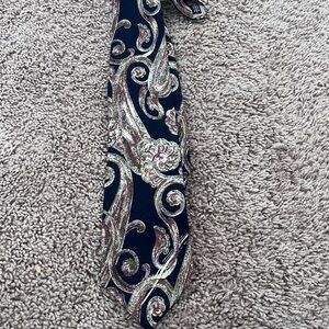 Vintage Dior Men's Tie - Black and Silver Paisley